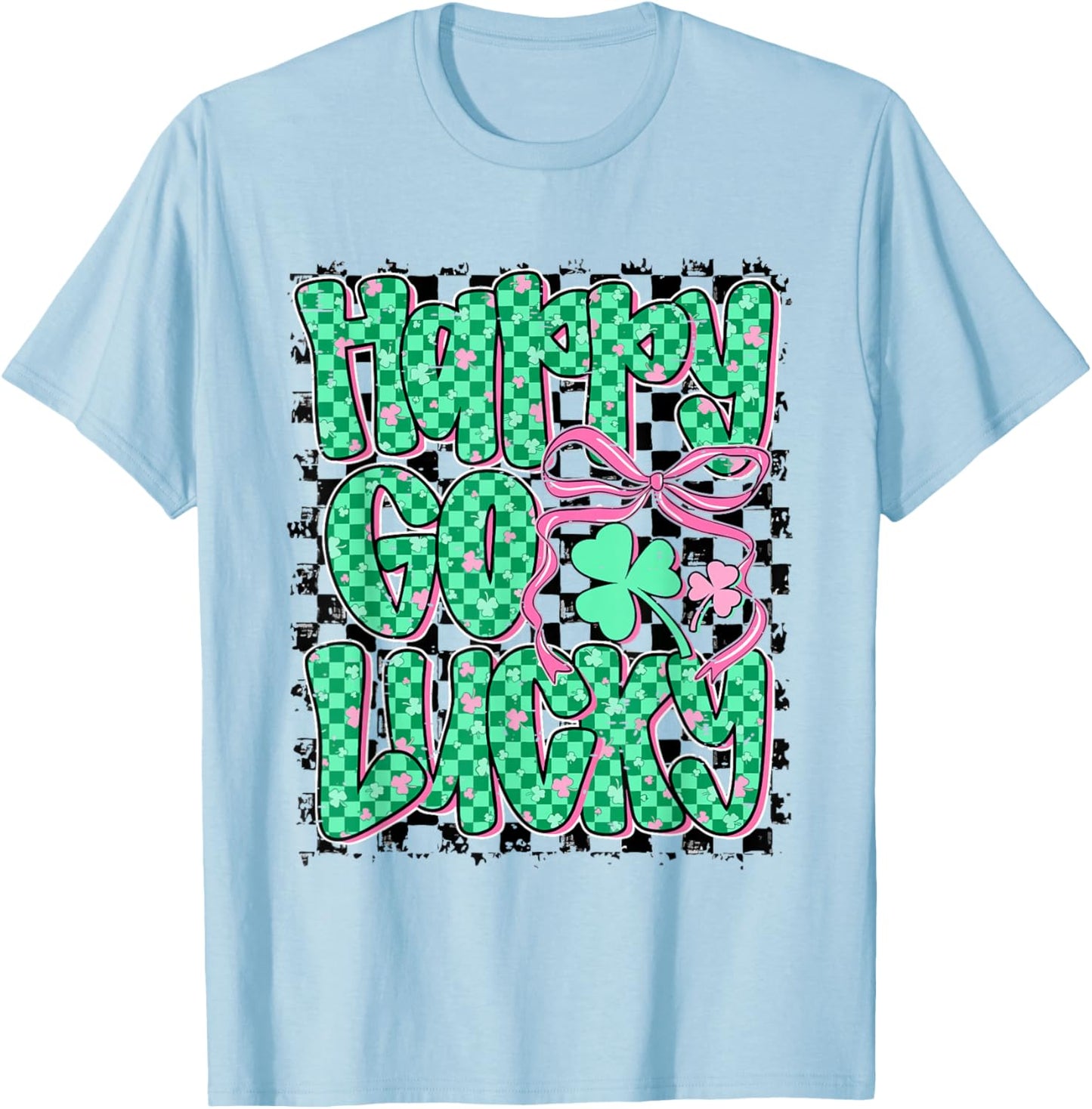 Retro Checkered Happy Go Lucky Shamrock Cute St Patricks Day T-Shirt - T-Shirt | Light Blue