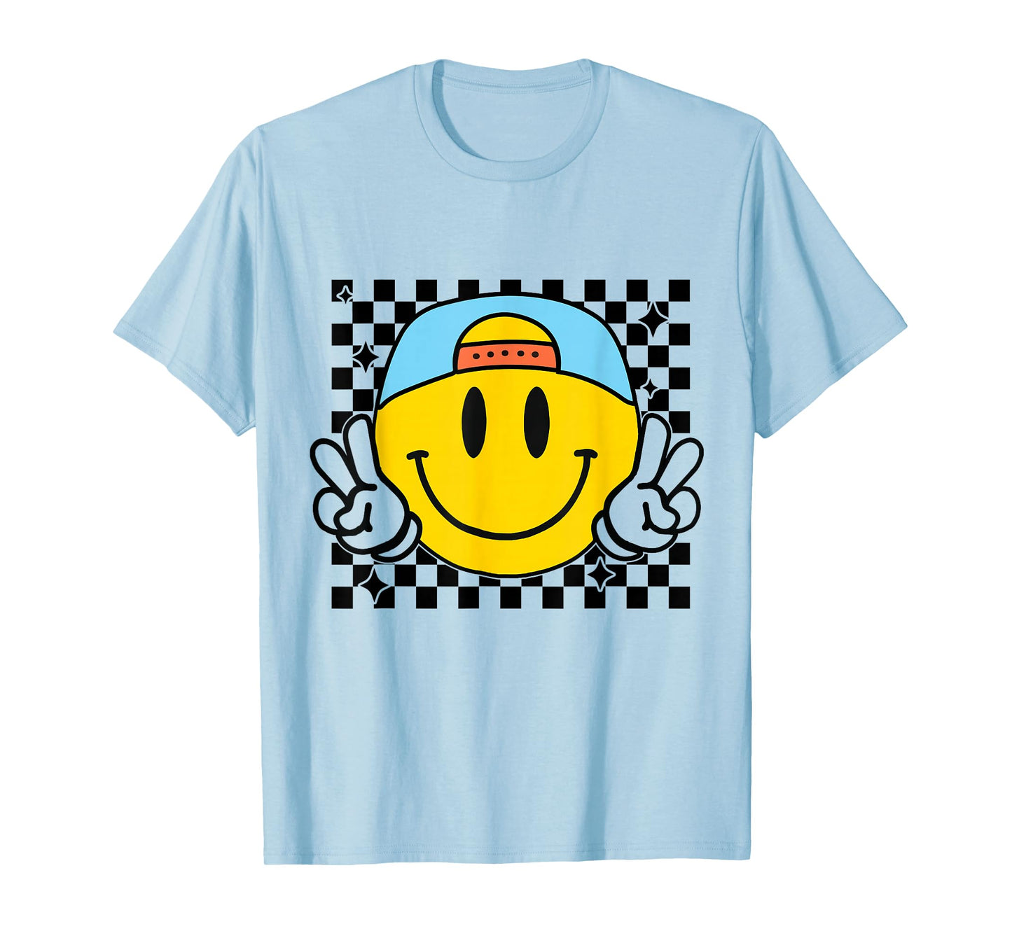 Yellow Smile Face Cute Checkered Peace Smiling Happy Face T-Shirt
