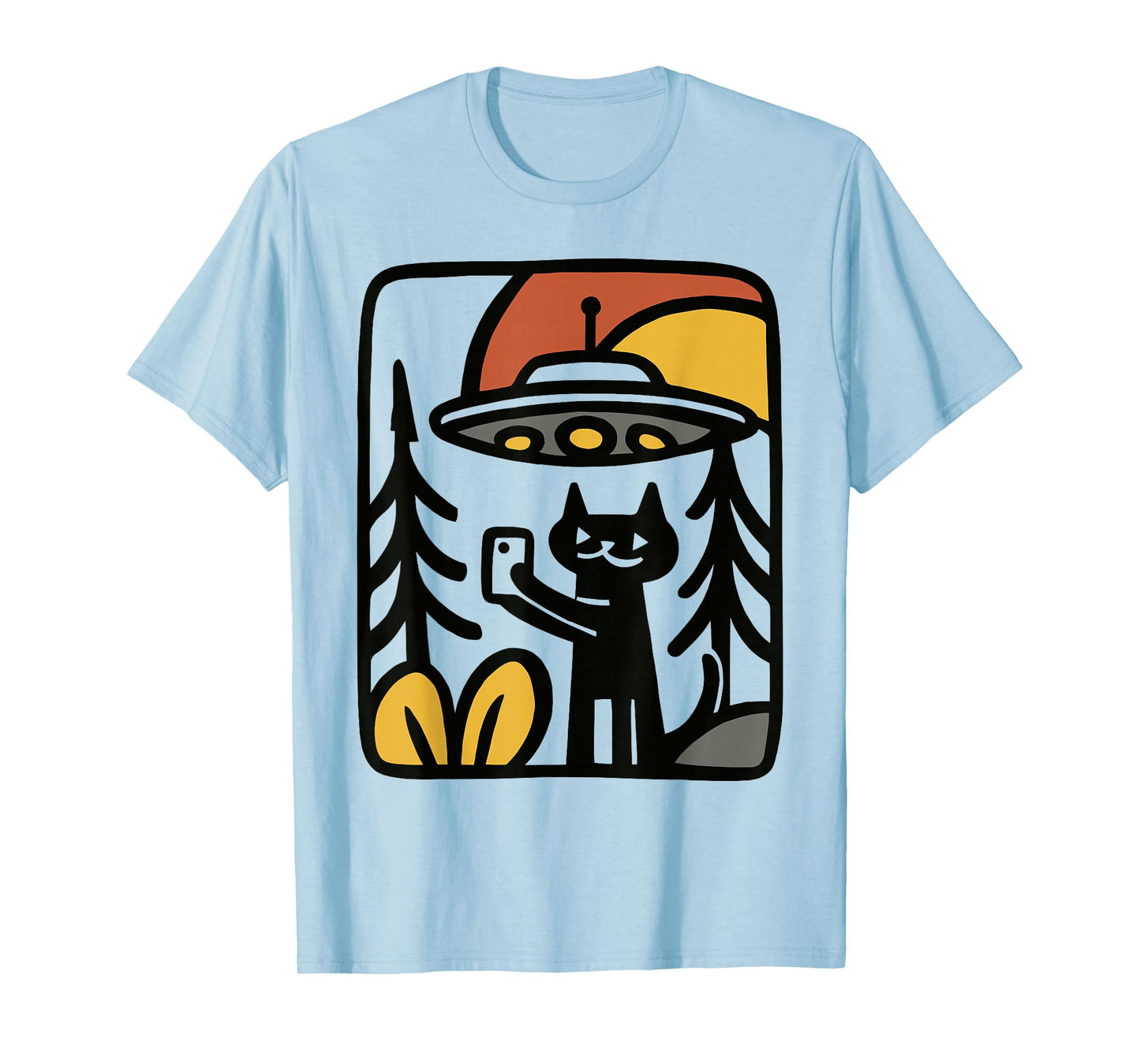 Black Cat UFO Selfie – Funny Alien Forest Art Illustration T-Shirt