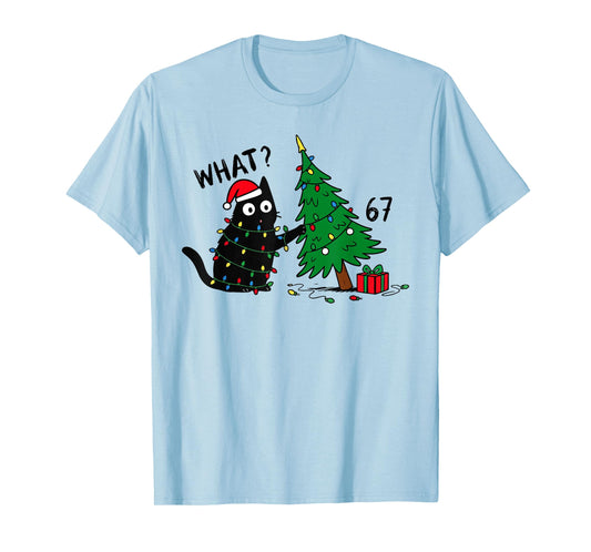 Funny Black Cat Pushing 67 Christmas Tree Over Cat What Xmas T-Shirt