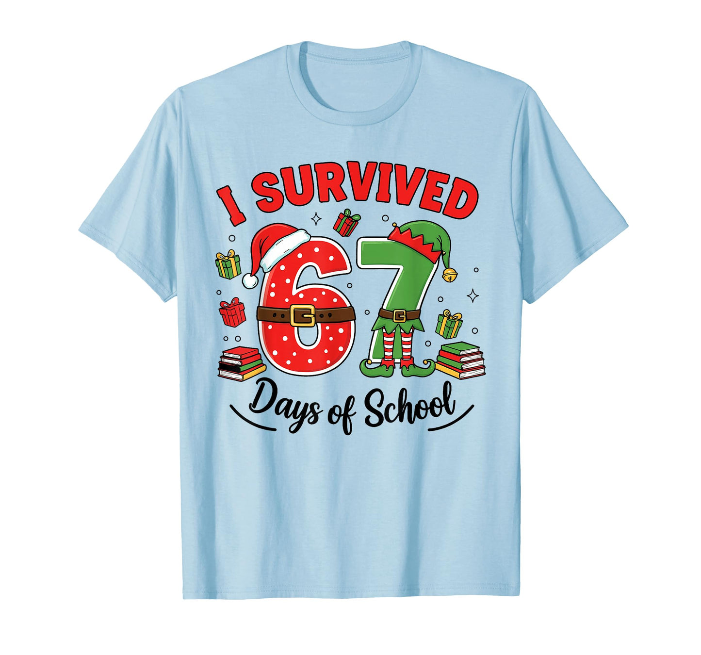 Funny Christmas Teacher Santa I Survived 67 Days of School T-Shirt