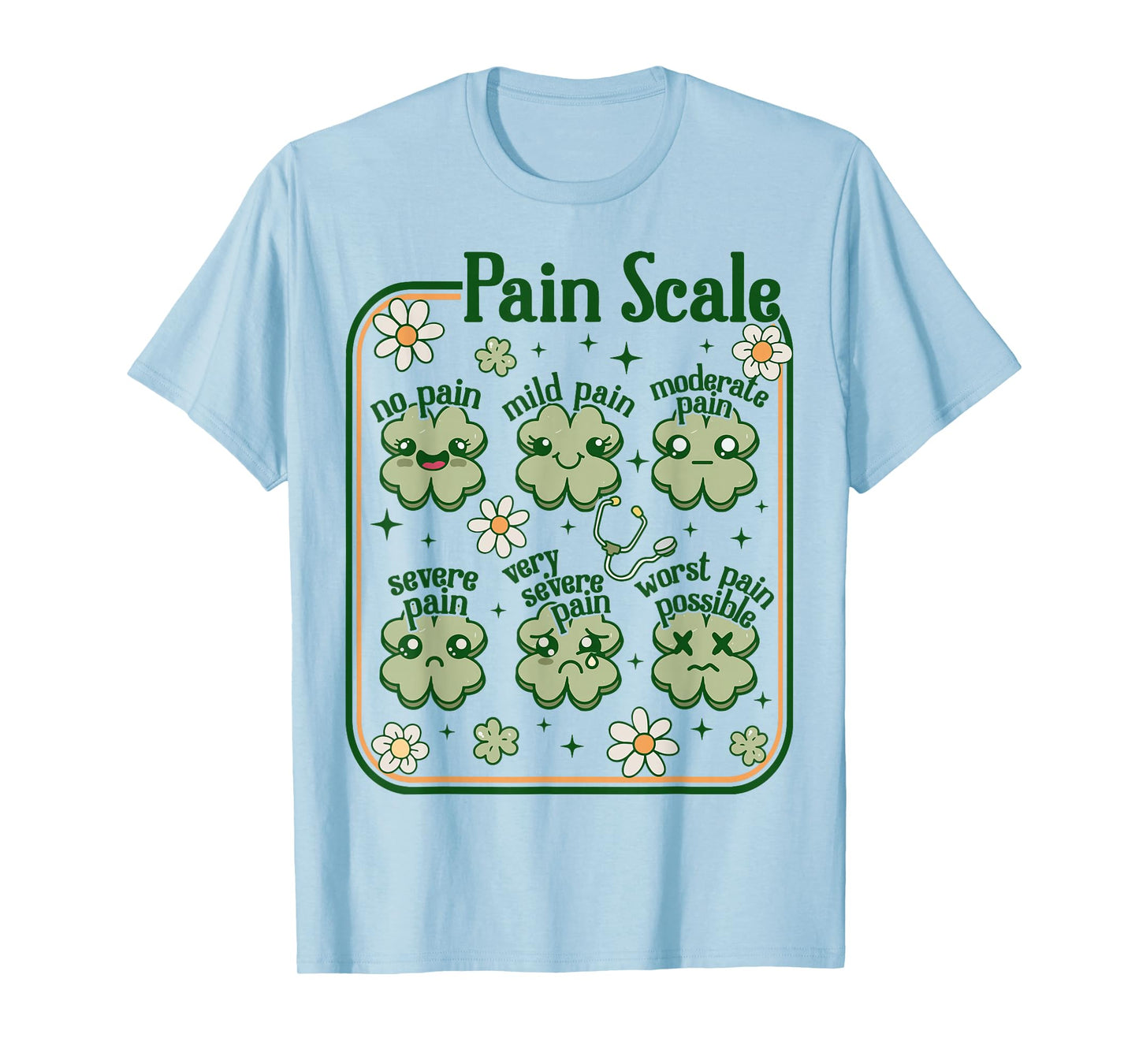 Pain Scale Nurse St Patricks Groovy Cute ICU Nursing Clovers T-Shirt