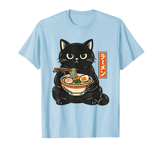 Retro Japanese Kawaii Ramen Cat Eating Noodles Cute T-Shirt