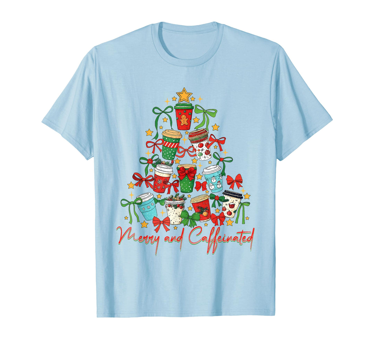 Merry and Caffeinated Coffee Christmas Tree Design Decor Tee T-Shirt