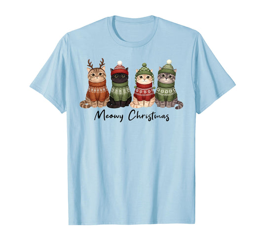 Cat Christmas Light Reindeer Santa Meowy Christmas Cat Lover T-Shirt