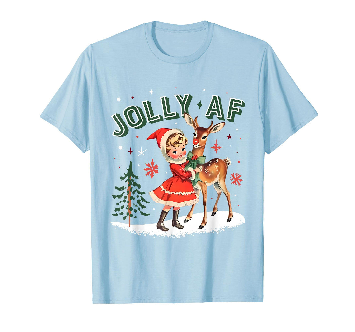 Jolly AF Christmas Retro 50s Cute Girl and Deer Vintage Xmas T-Shirt