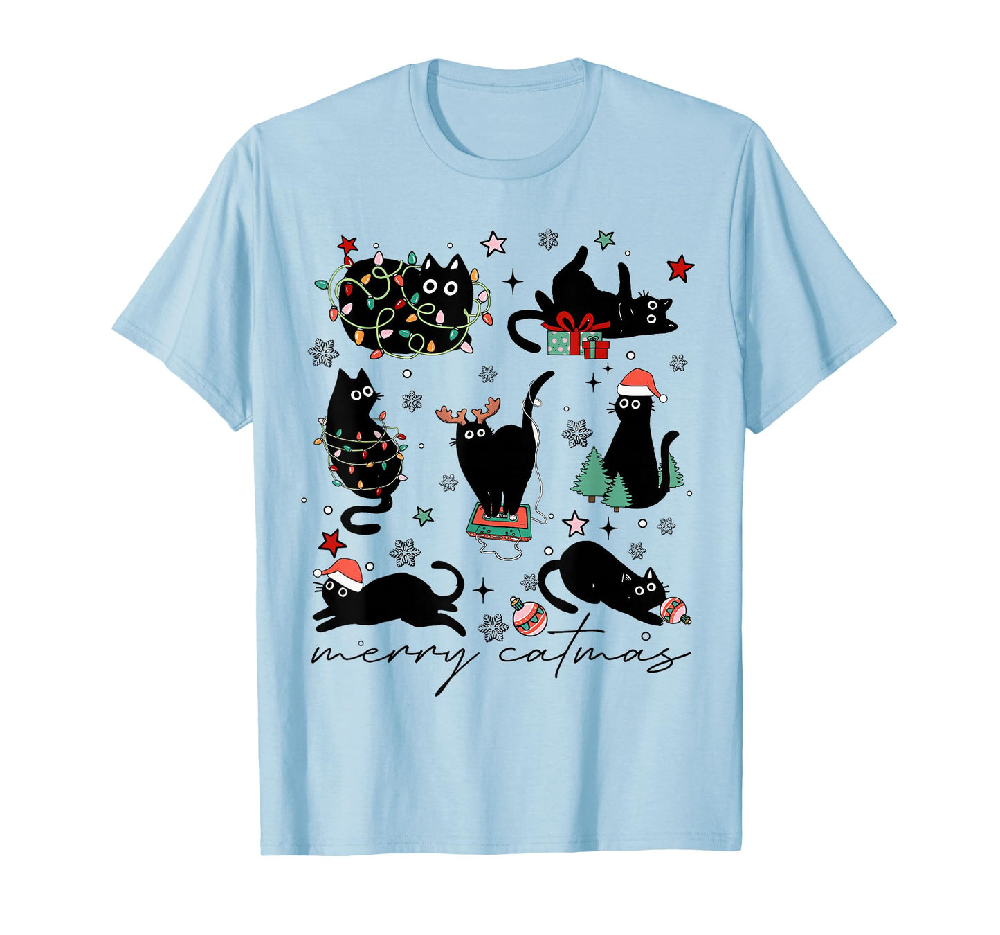 Funny Merry Catmas Christmas Tree Cats Tangled Lights Gifts T-Shirt