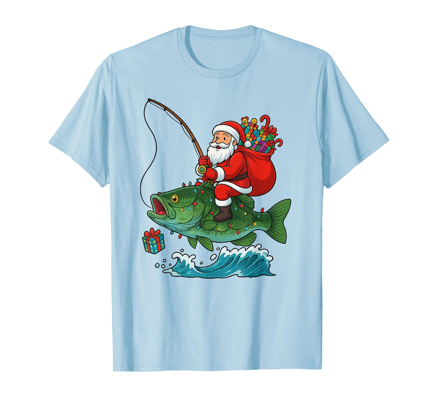Santa Riding Bass Fish Christmas Fishing Funny Xmas Pajamas T-Shirt