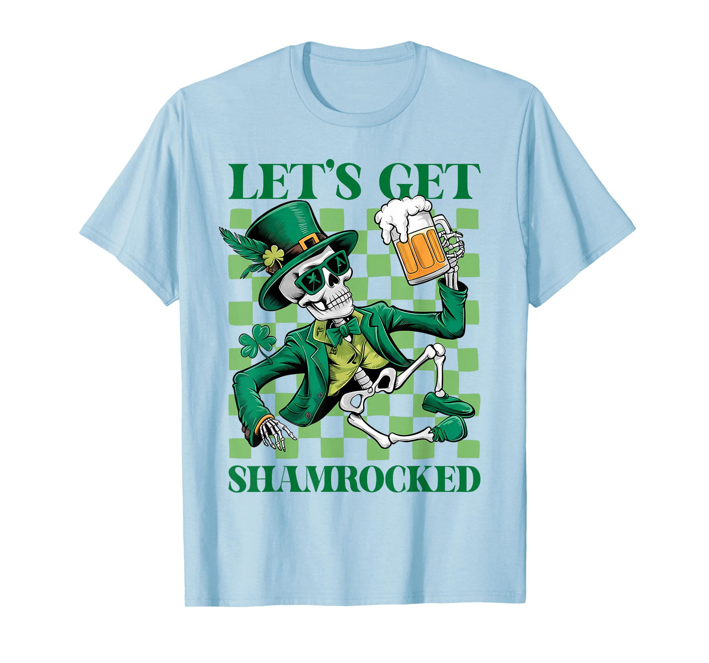 Lets Get Retro Shamrocked Skeleton Drink Checkered Graphic T-Shirt
