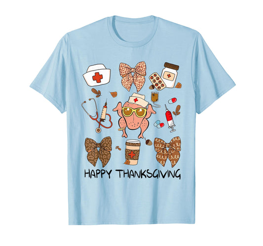 Thanksgiving Scrub Tops Women Turkey Nurse Coquette Bows T-Shirt
