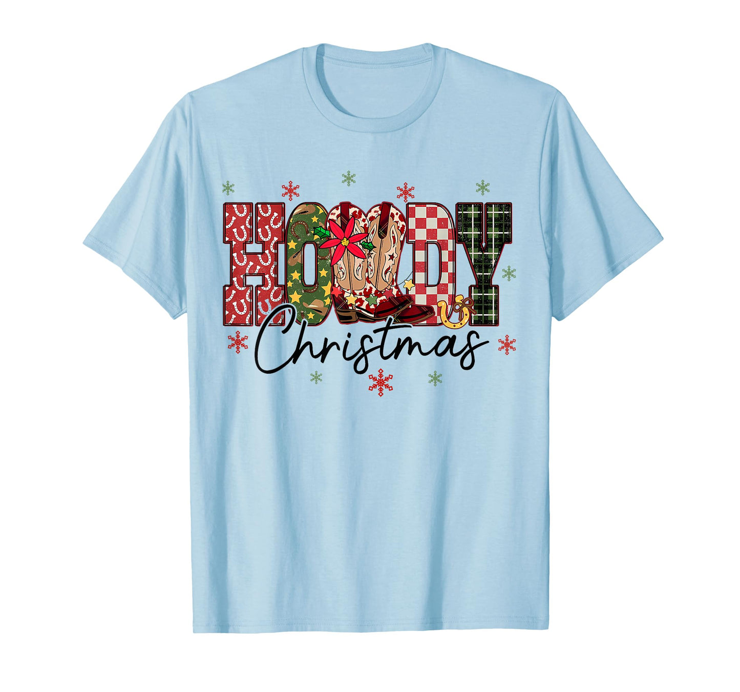 Retro Howdy Christmas Western Cowboy Boots Checkered Plaid T-Shirt