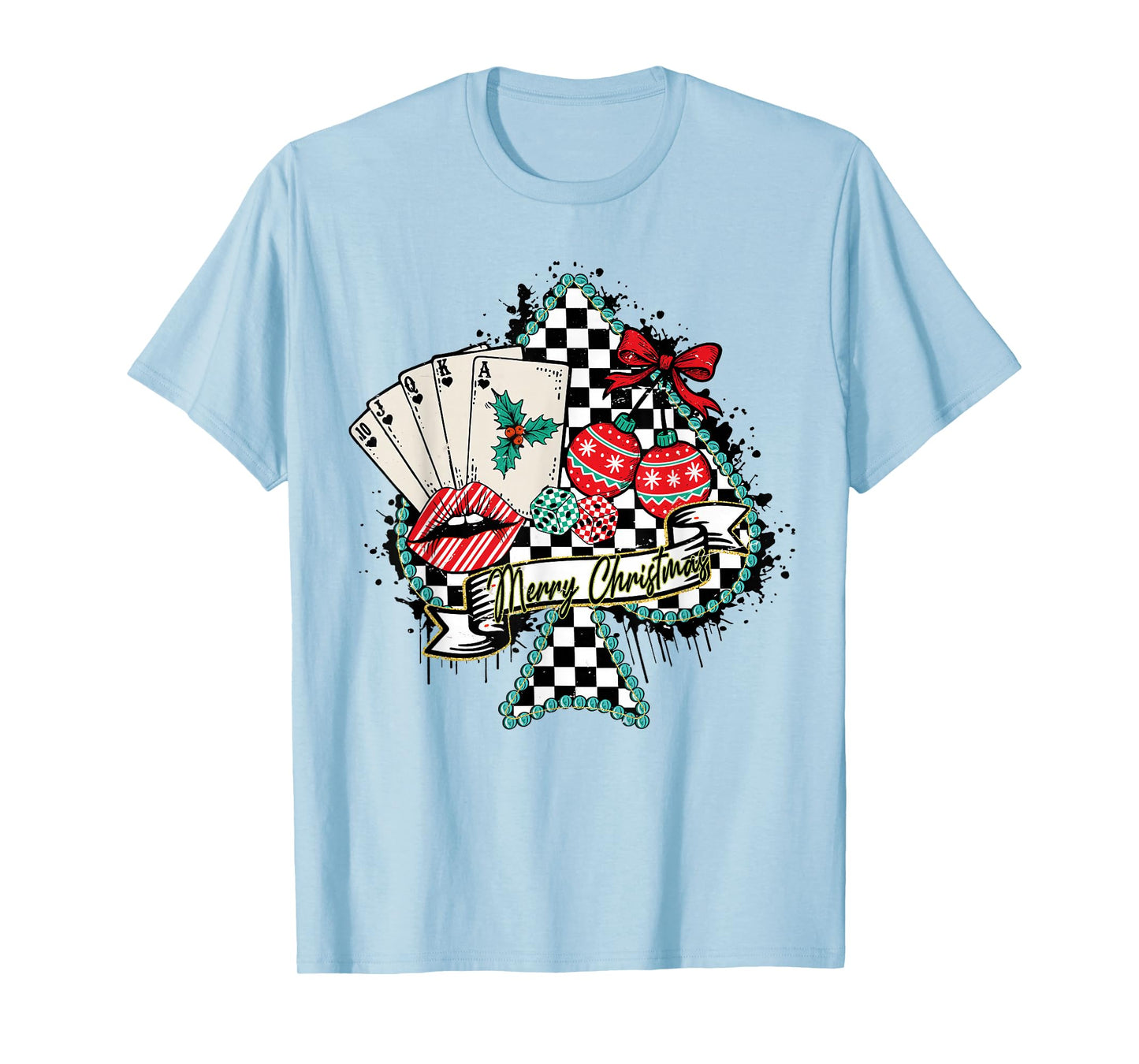 Merry Christmas Poker Queen Retro Checkered Spade Tee T-Shirt