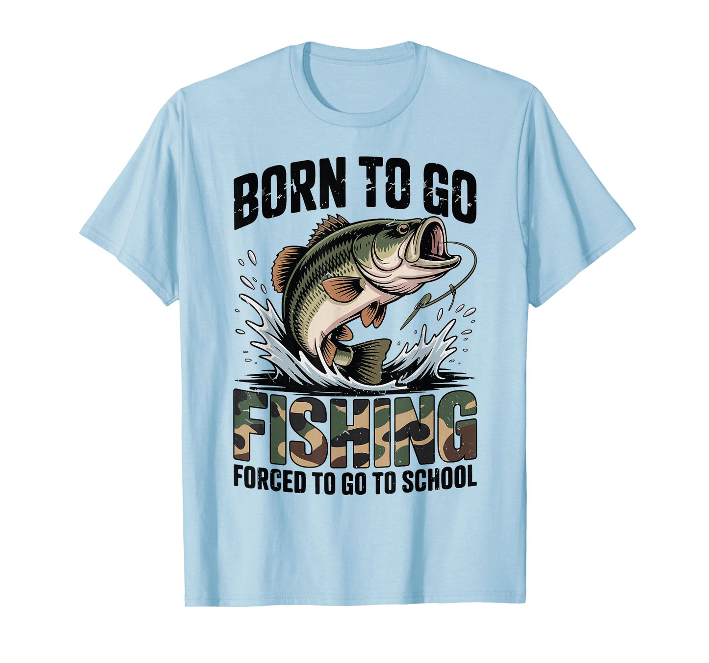 Youth Boy Camo Bass Fish Born Go Fishing Forced School Funny T-Shirt