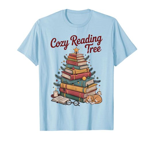 Cozy Christmas Reading Tree Cat Candle Stack Bookish Funny T-Shirt