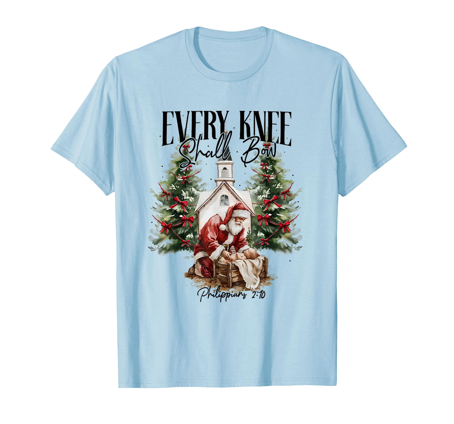 Every Knee Shall Bow Santa Christmas Nativity Scene Xmas T-Shirt