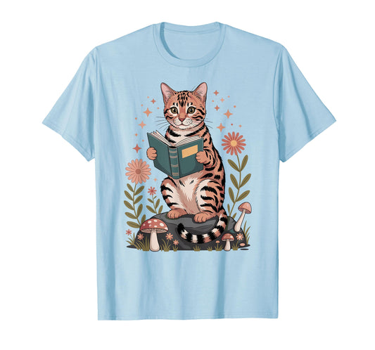 Cute Bengal Cat Reading Book Cottagecore Aestetic T-Shirt