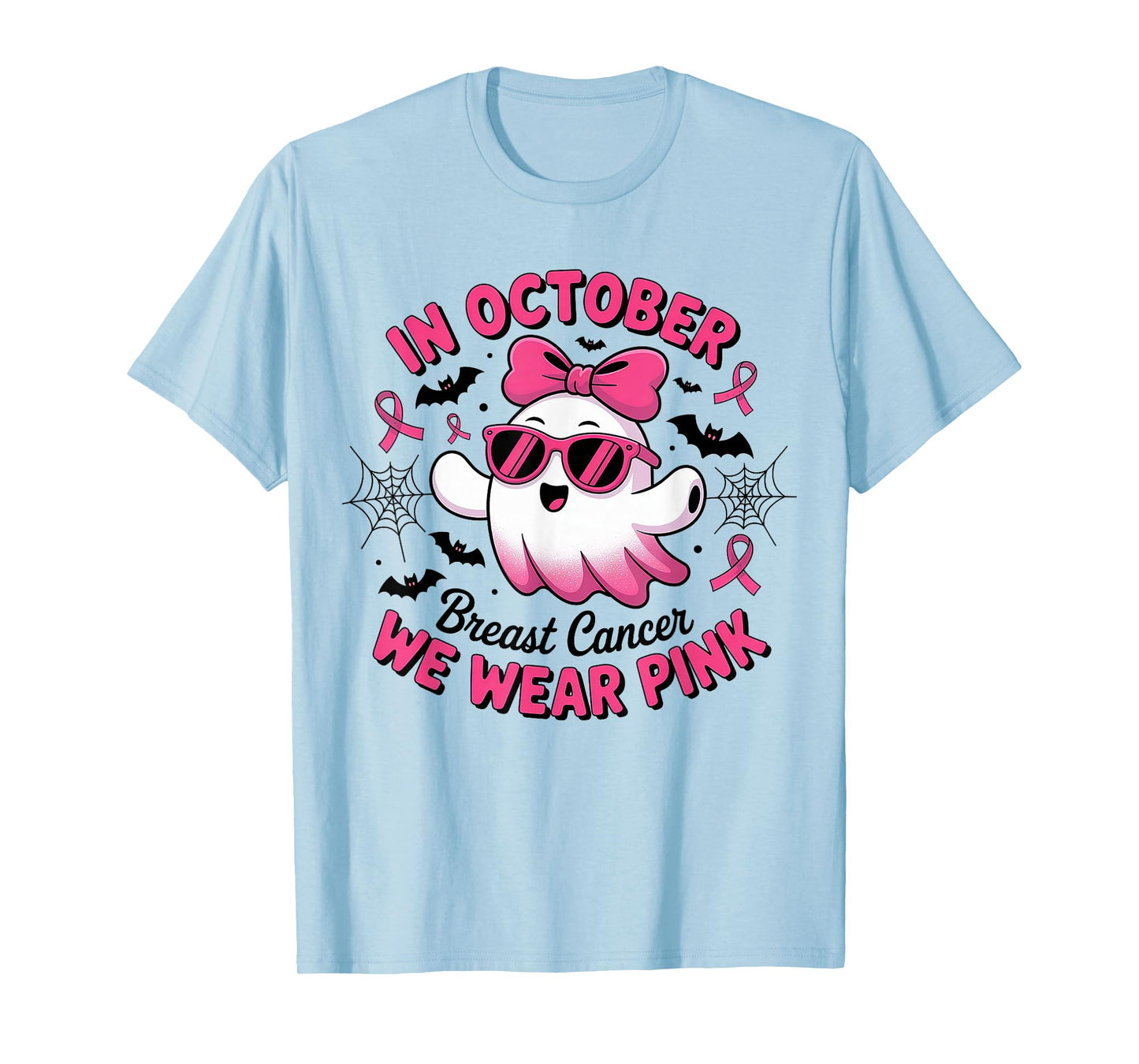 in October We Wear Pink Funny Halloween Ghost Breast Cancer T-Shirt