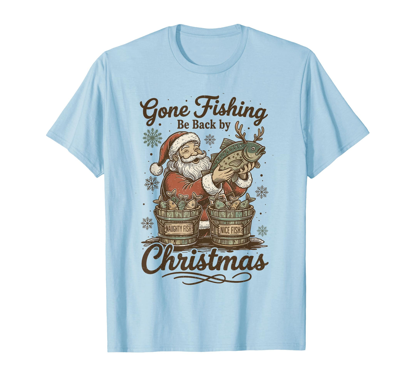 Gone Fishing Be Back by Christmas Santa Fishermen Retro T-Shirt