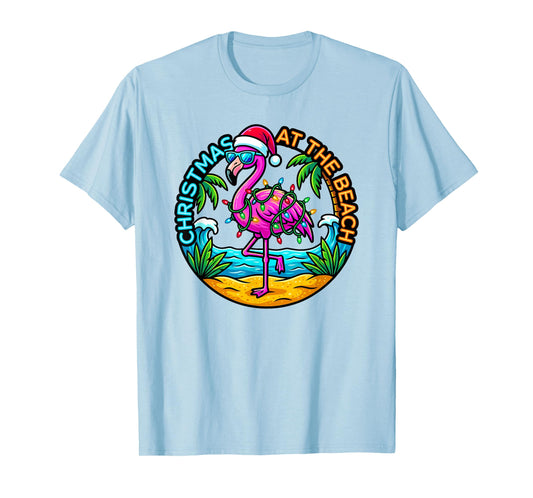 Christmas at The Beach Flamingo Santa Hat Tropical Xmas T-Shirt