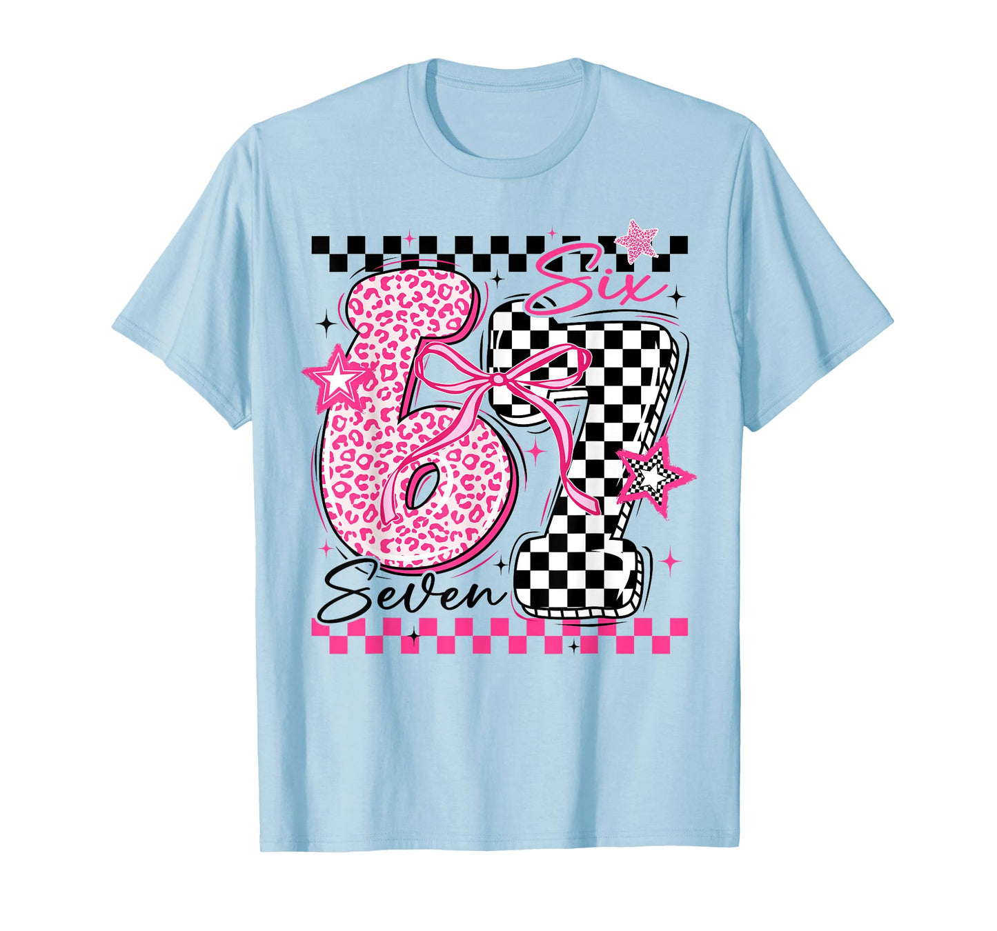 67 Leopard Checkered Funny Six Seven Meme 6-7 Teachers Kids T-Shirt