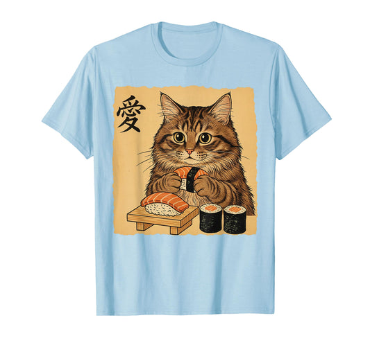 Cat Eating Sushi Funny Japanese Art Vintage Style Cat T-Shirt