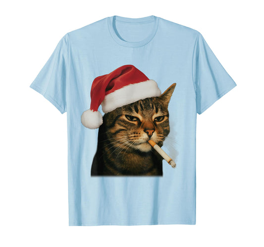Smoking Cat Cigarette Christmas Santa Hat Cat Meme Men Women T-Shirt