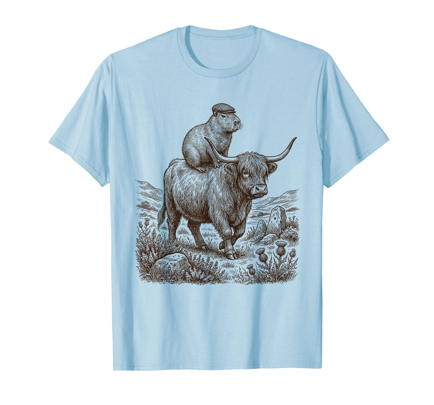 Funny Vintage Capybara Riding Highland Cow Lover T-Shirt