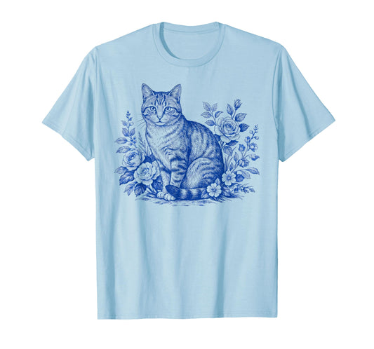 Cat Floral Blue Toile De Jouy Cute Cottagecore Cat T-Shirt