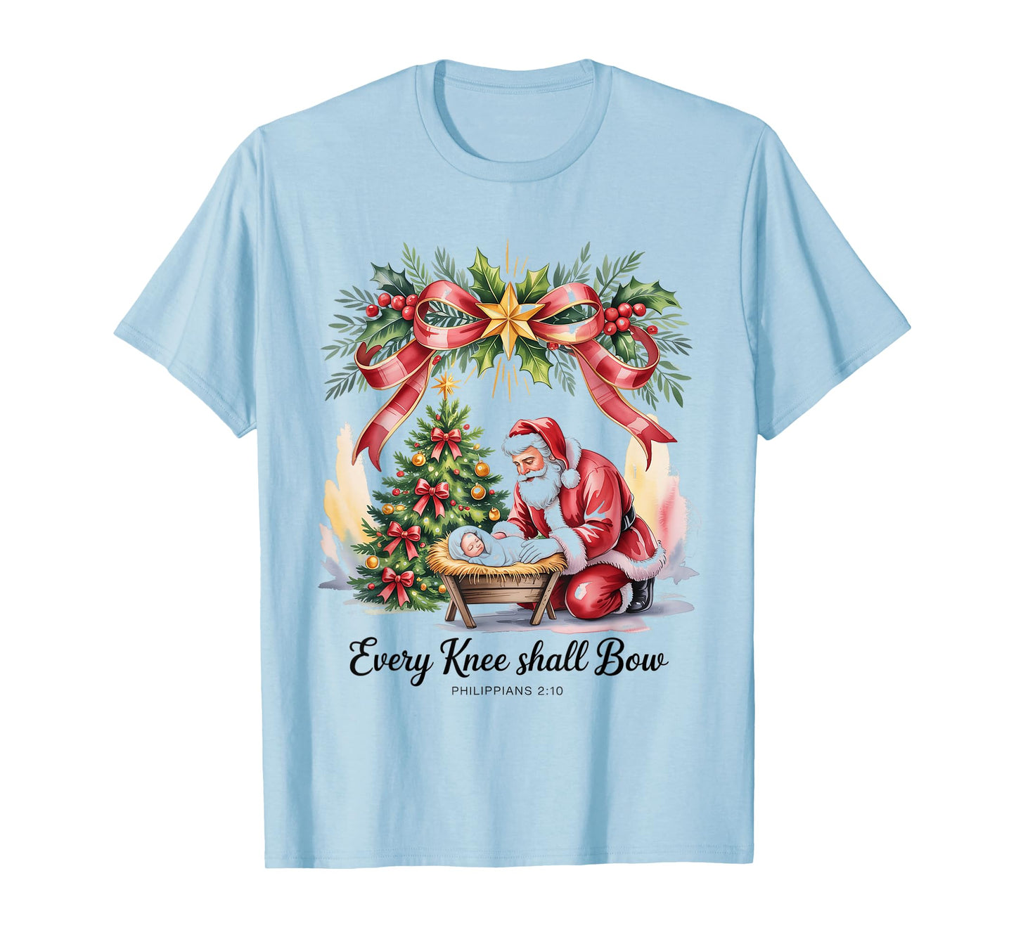 Vintage Every Knee Shall Bow Santa Clause Religious Xmas T-Shirt