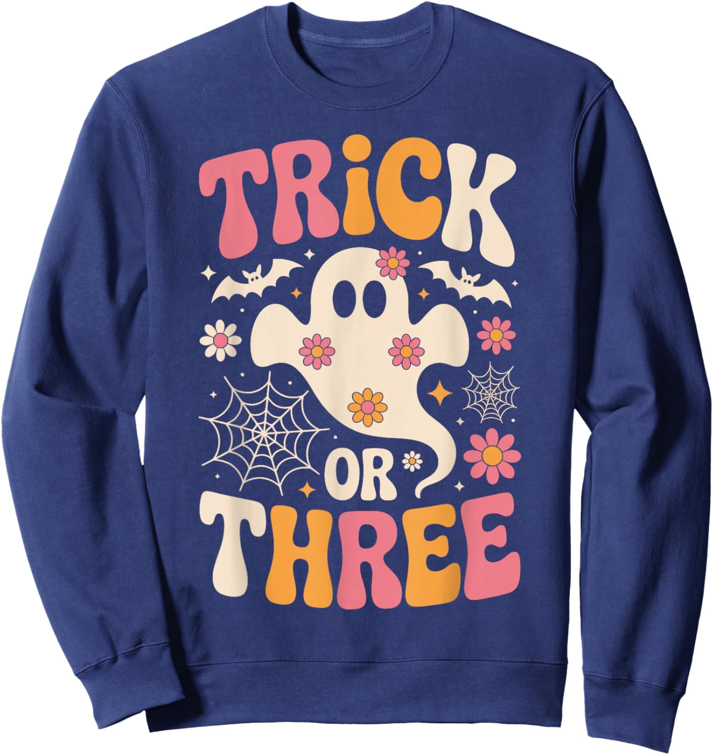 Trick Or Three 3 Years Old Birthday Groovy Ghost Halloween Sweatshirt - Sweatshirt | Navy