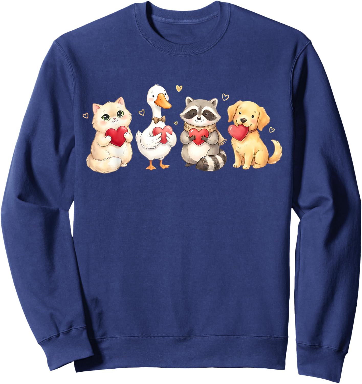 Cute Cat Dog Raccoon Goose Holding Hearts Valentine Lovers Sweatshirt - Sweatshirt | Navy