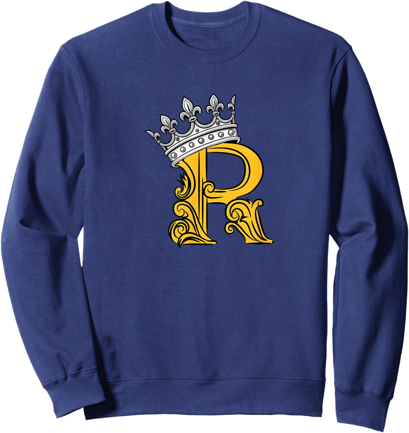 University Varsity-Gold Color Letter R Initial + Crown Sweatshirt - Sweatshirt | Navy