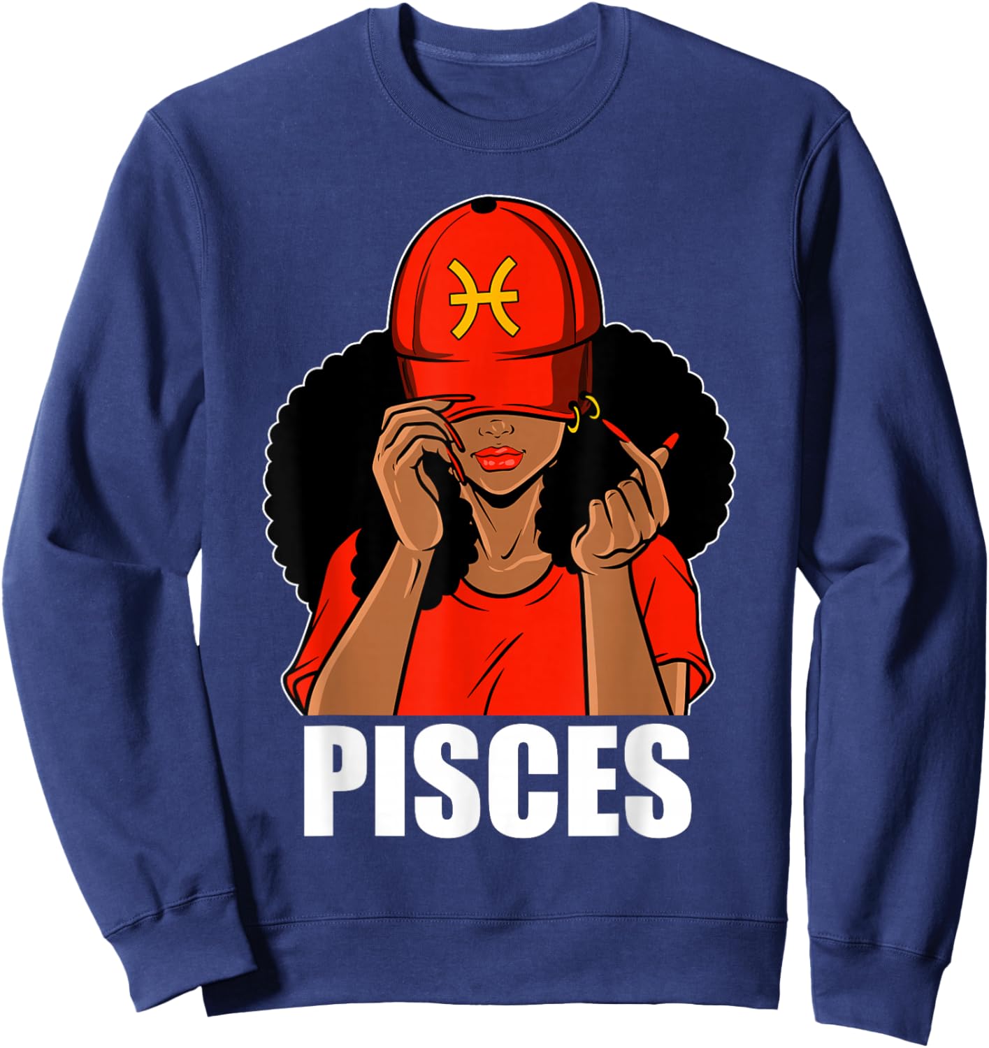 Pisces Black Girl Red Cap Afro Woman Black Queen Sweatshirt - Sweatshirt | Navy