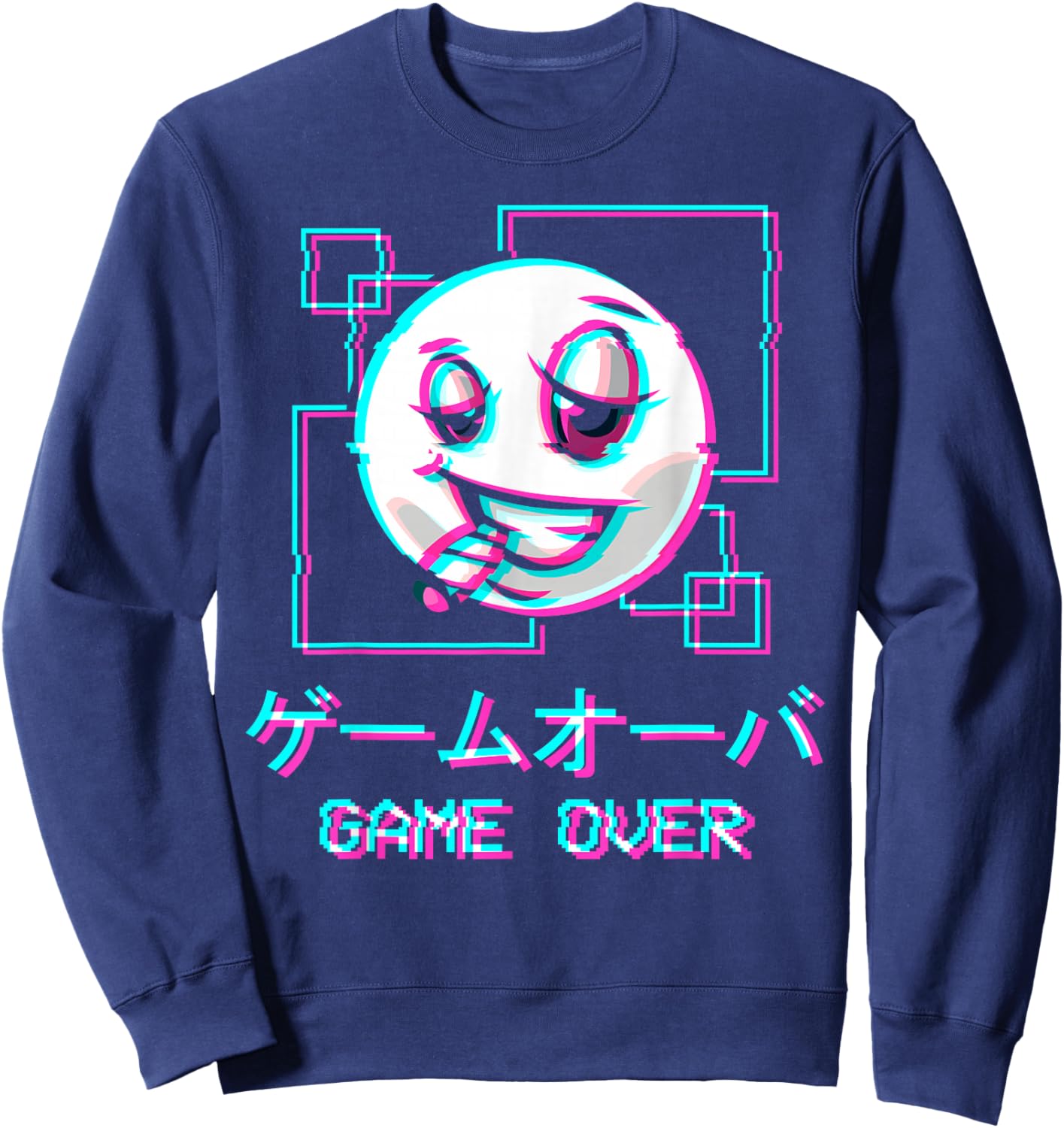 Vaporwave Aesthetic Happy Face Japanese Game Over Harajuku Sweatshirt - Sweatshirt | Navy