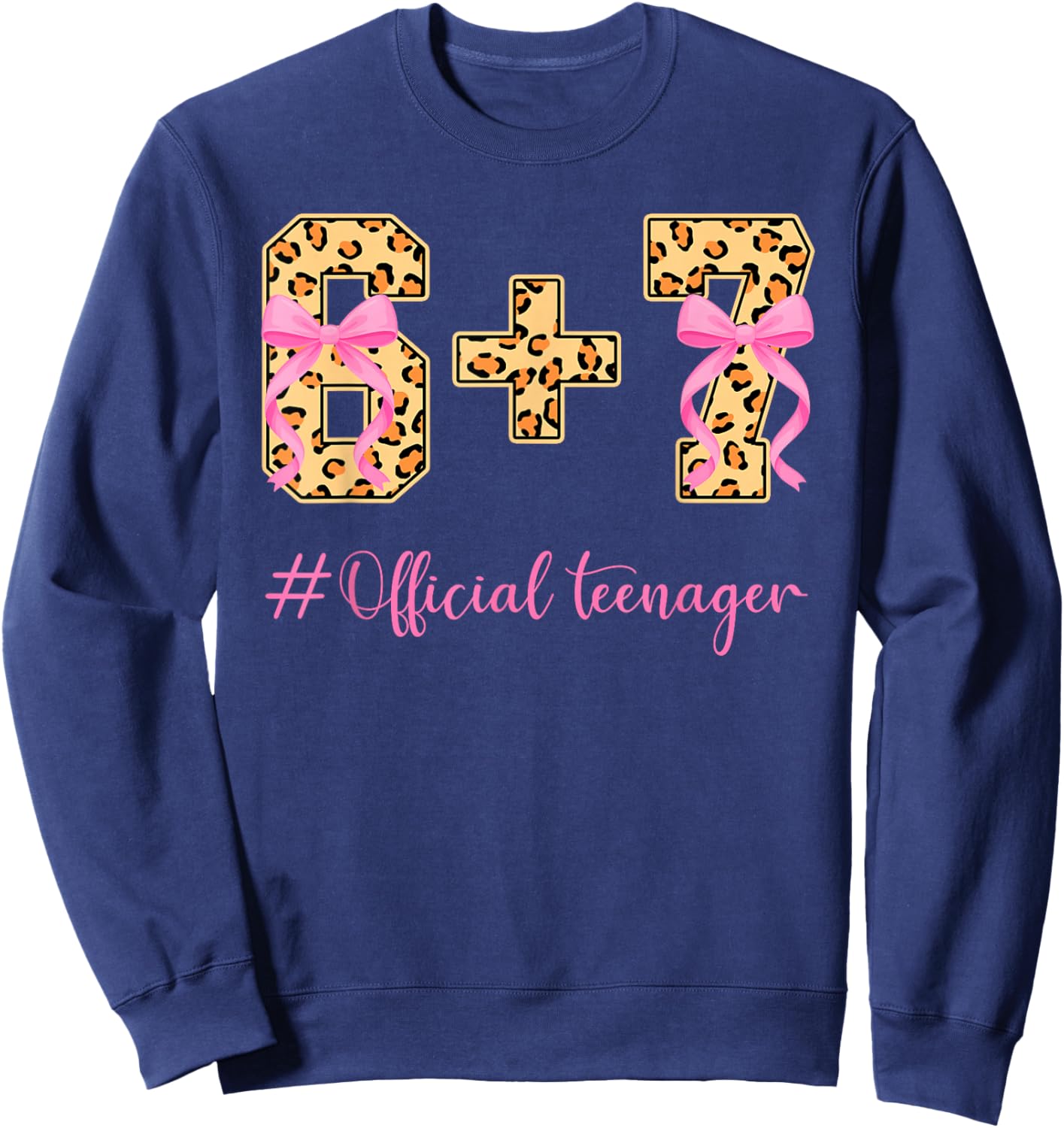 13th Birthday Girl Pink Coquette Bow Leopard 6+7 Year Old Sweatshirt - Sweatshirt | Navy