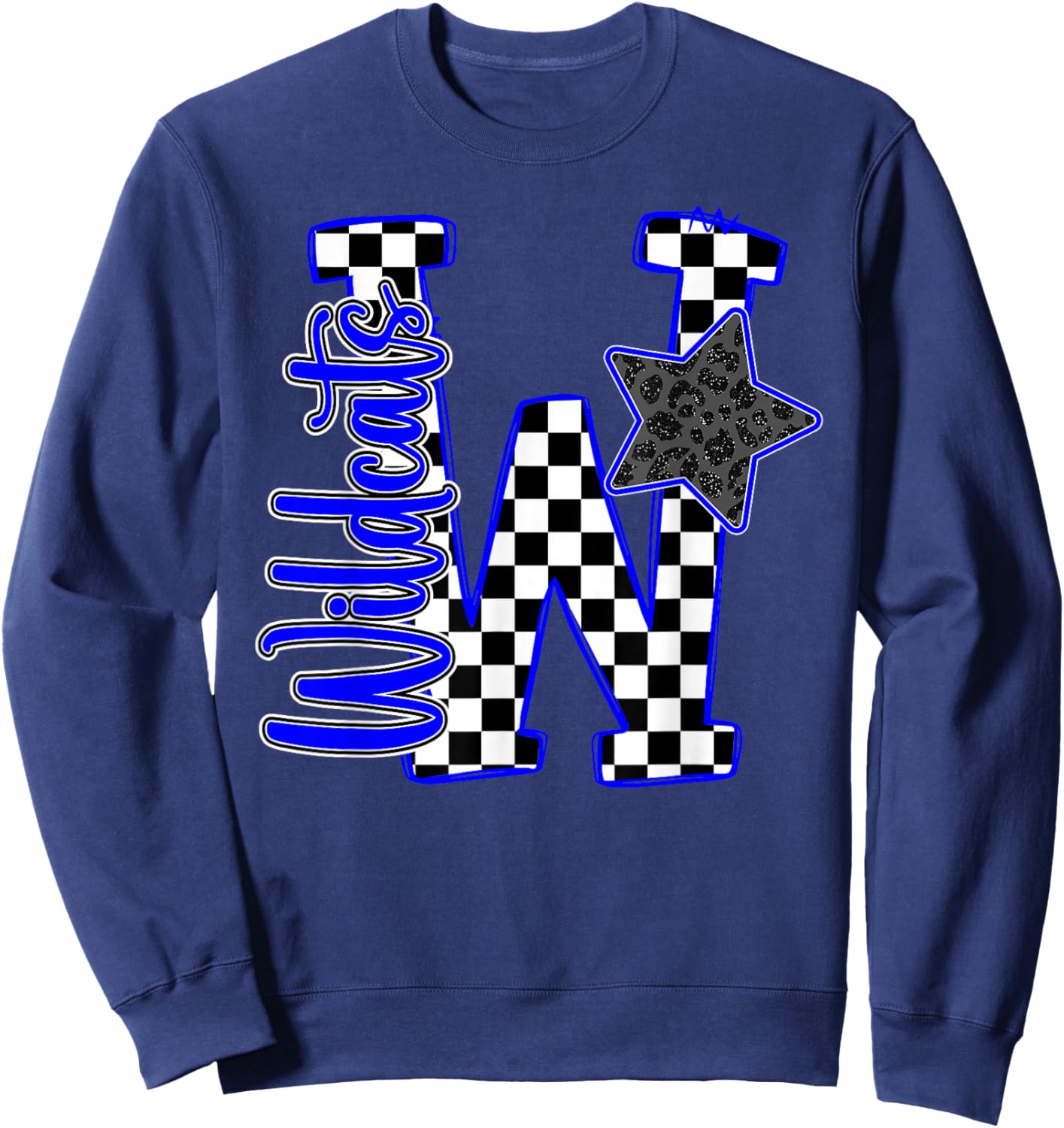Blue Wildcats Checkered Print Star Leopard School Spirit Sweatshirt - Sweatshirt | Navy