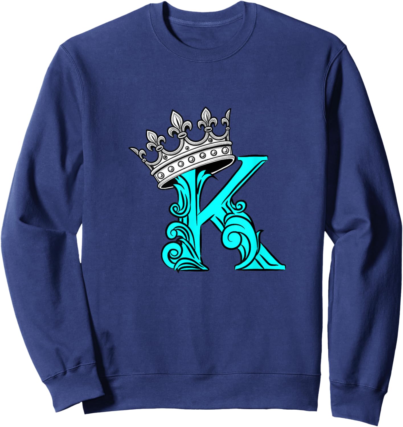 Turquoise Color Letter K Initial + Crown Turquoise Graphic Sweatshirt - Sweatshirt | Navy