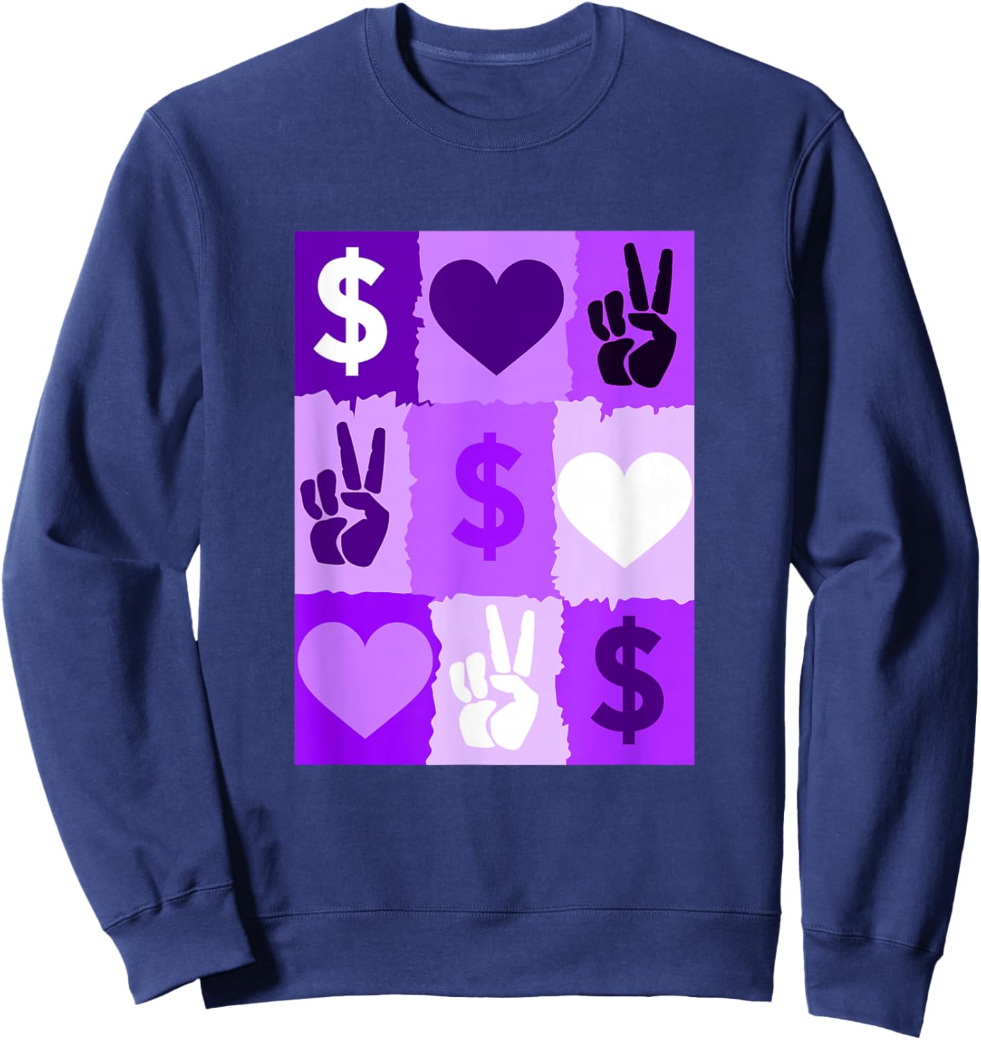 Purple Color Peace Love Money Grid Purple Graphic Sweatshirt - Sweatshirt | Navy