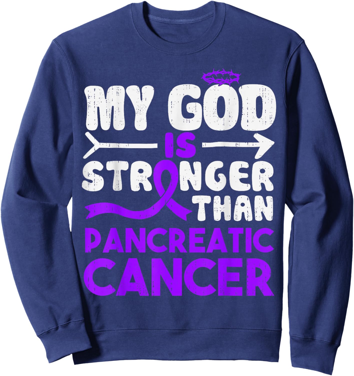 God Stronger Pancreatic Cancer Awareness Ribbon Purple Sweatshirt - Sweatshirt | Navy