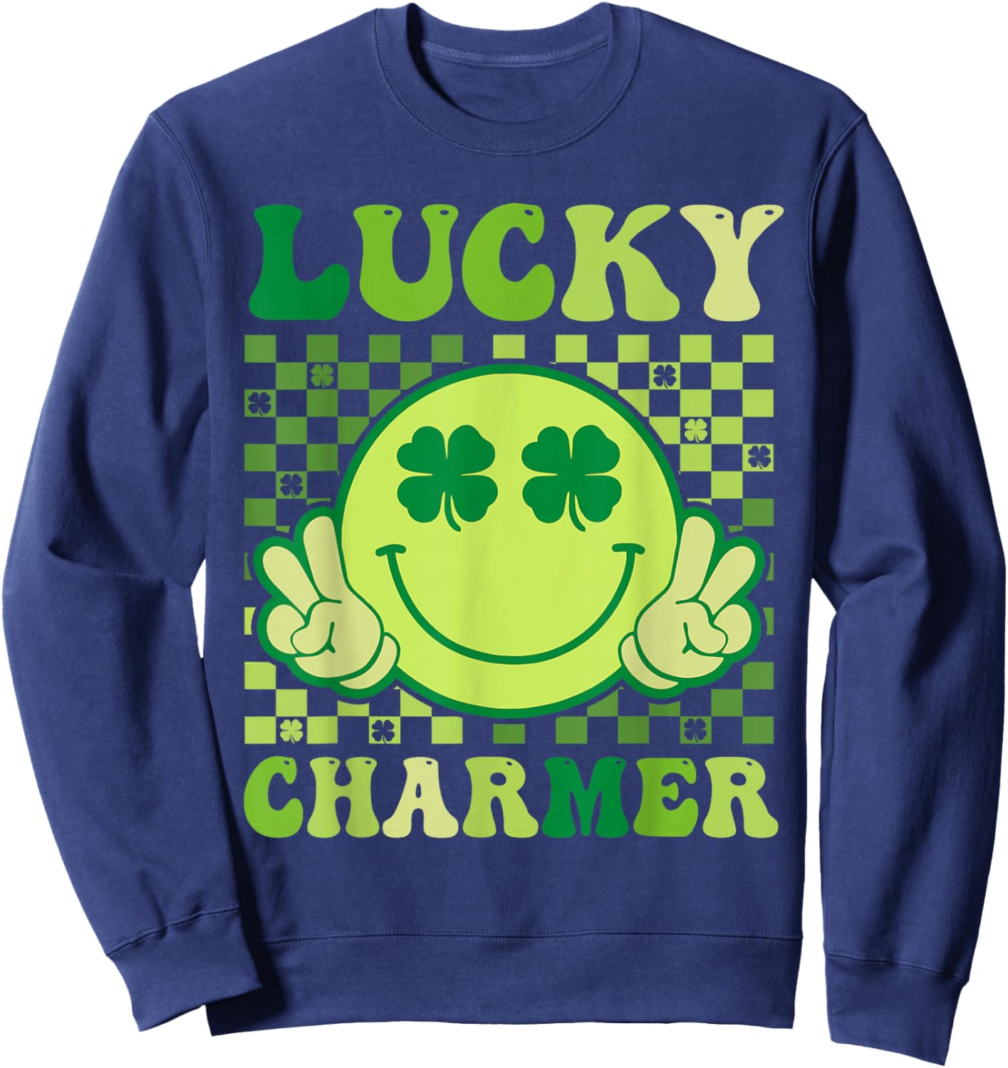 Lucky Charmer Retro Smile Face Shamrock St Patricks Day Sweatshirt - Sweatshirt | Navy