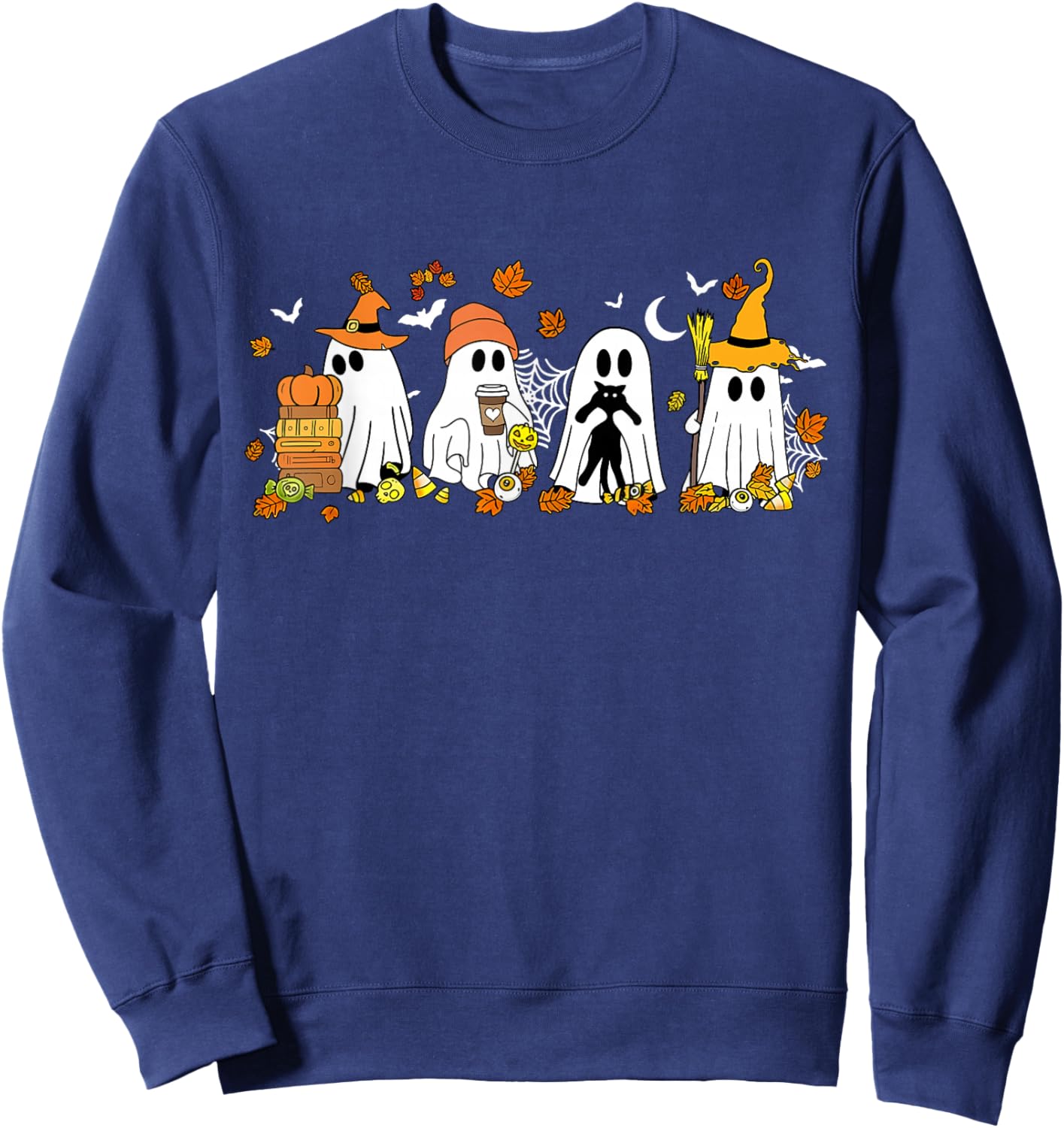 Cute Ghost Drinking Coffee Halloween Fall Book Reading Cat Sweatshirt - Sweatshirt | Navy