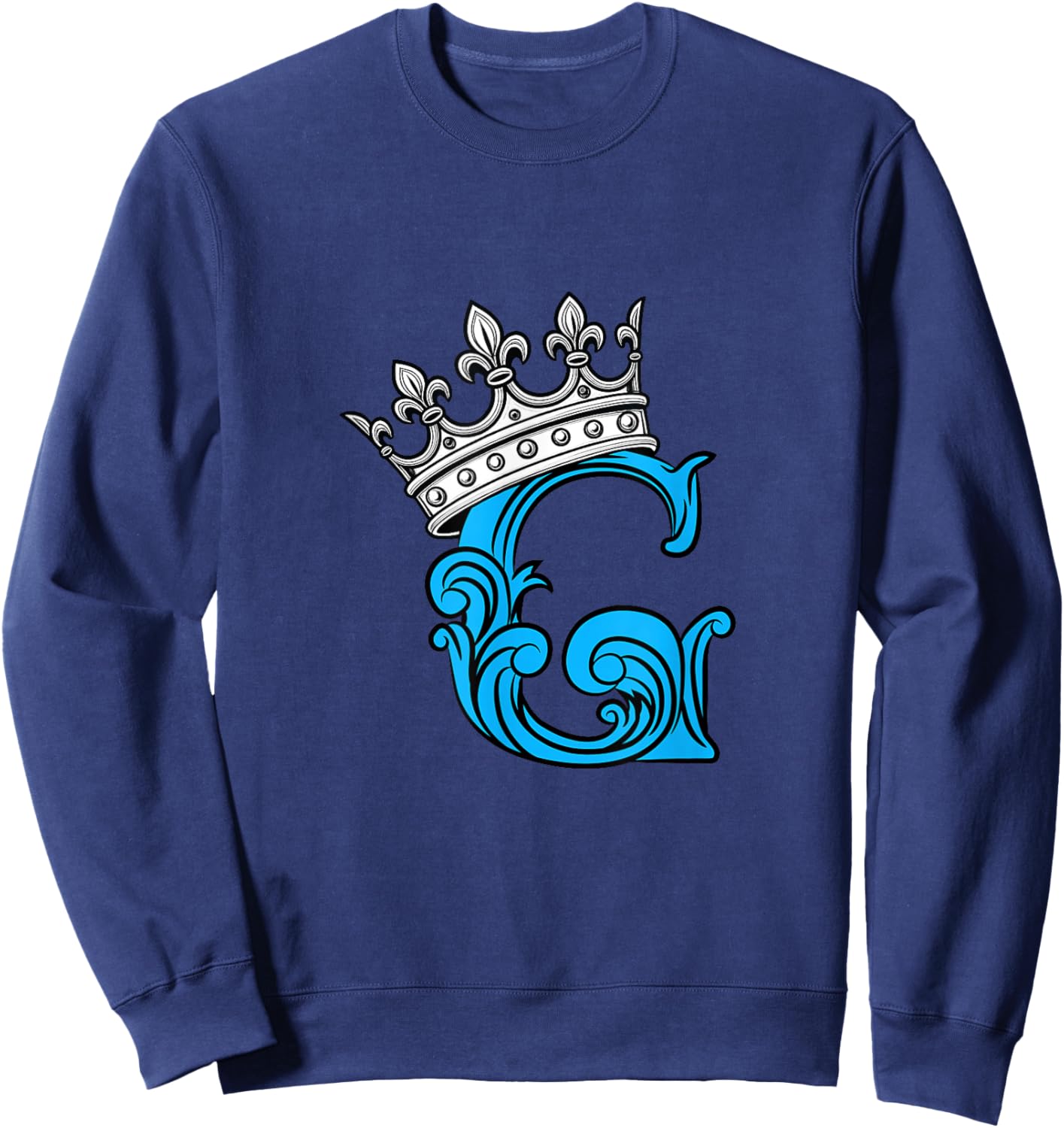 Blue Color Letter G Initial + Crown Blue Graphic Sweatshirt - Sweatshirt | Navy