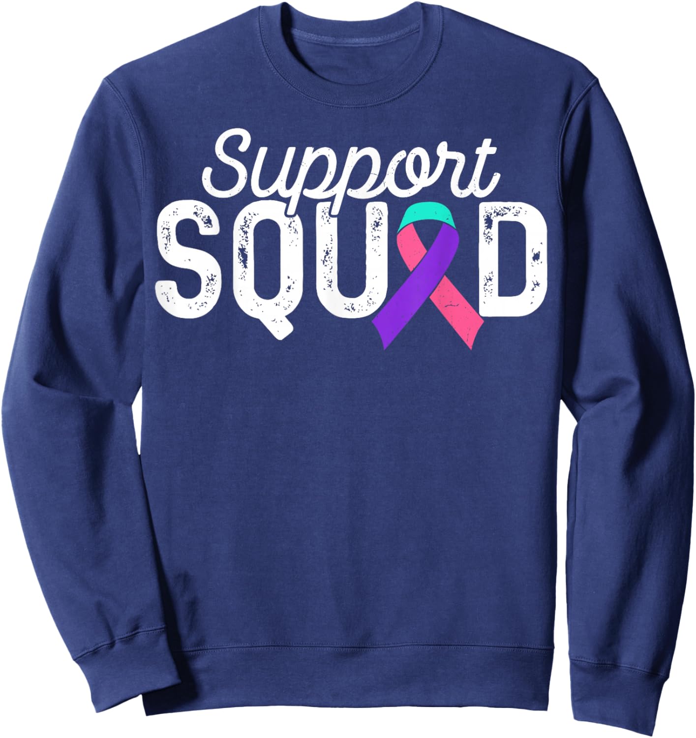 Teal Pink Blue Ribbon Support Squad Thyroid Cancer Awareness Sweatshirt - Sweatshirt | Navy