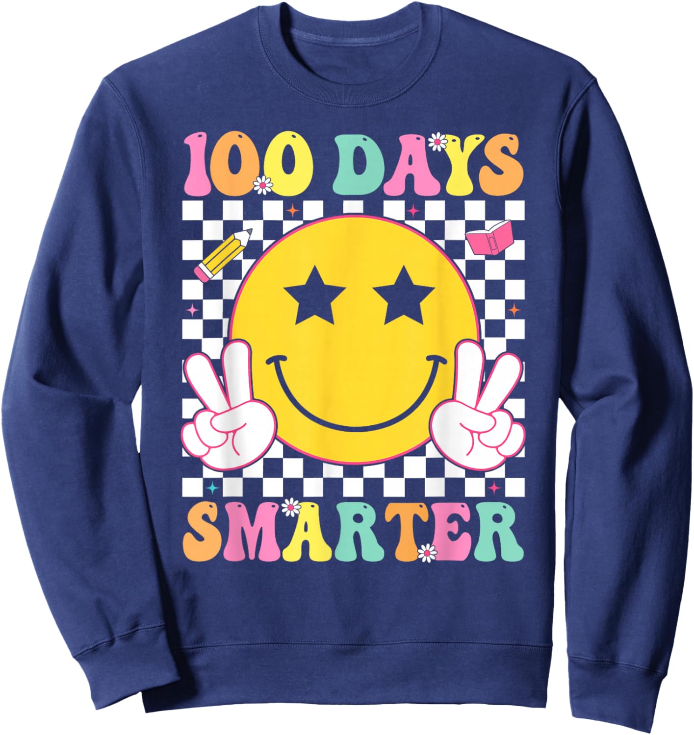 100 Days Smarter Retro Smile Face Teacher Kids 100th Day Sweatshirt - Sweatshirt | Navy