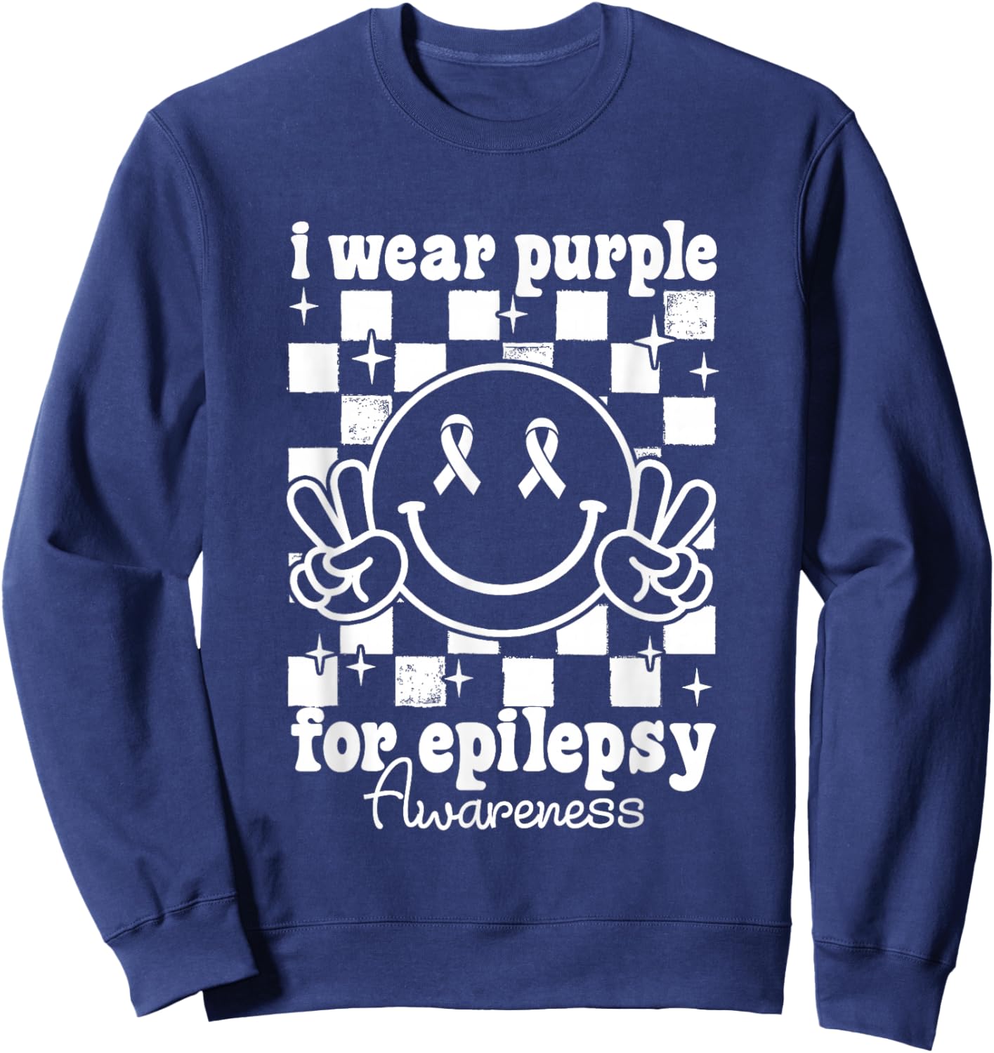 I Wear Purple for Epilepsy Awareness Checkered Smile Face Sweatshirt - Sweatshirt | Navy