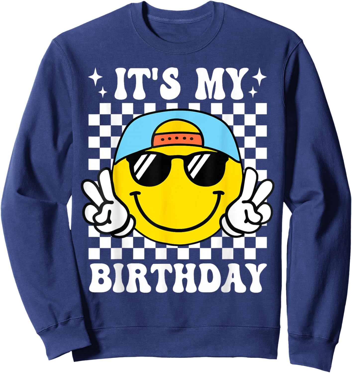 Groovy It's My Birthday Boys Kids Happy Face Birthday Party Sweatshirt - Sweatshirt | Navy