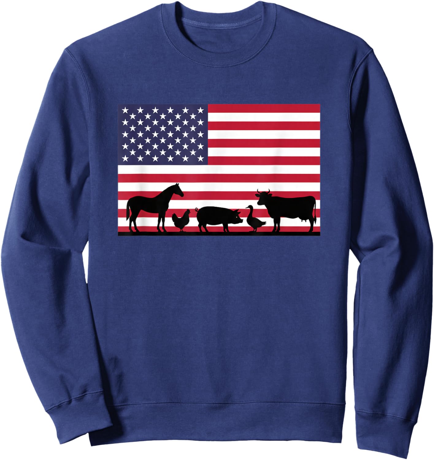 American Flag Farm Animals Horse Cow Pig Chicken Patriotic Sweatshirt - Sweatshirt | Navy