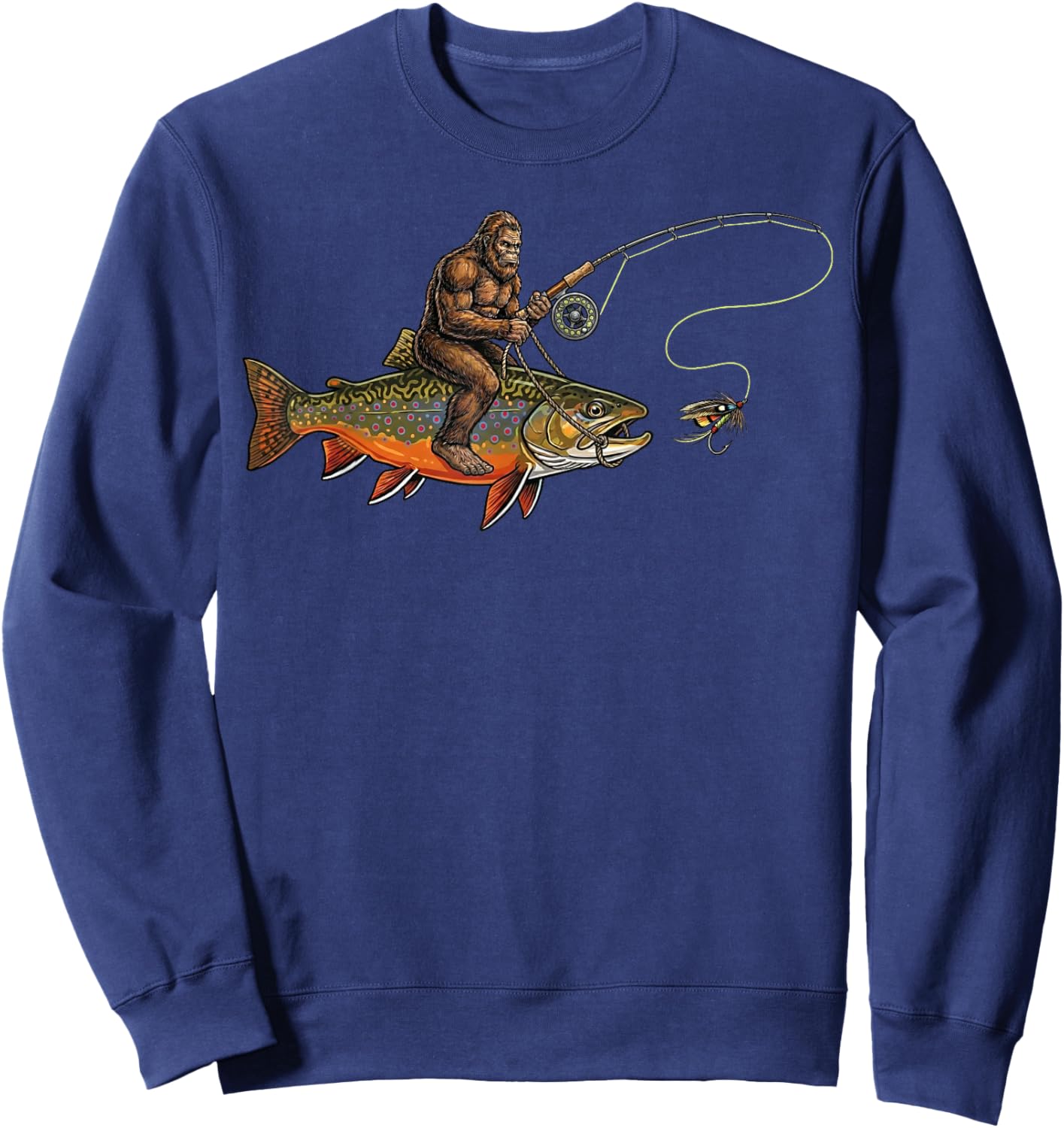 Brook Trout Fishing Bigfoot Riding Fisherman Funny Angler Sweatshirt - Sweatshirt | Navy