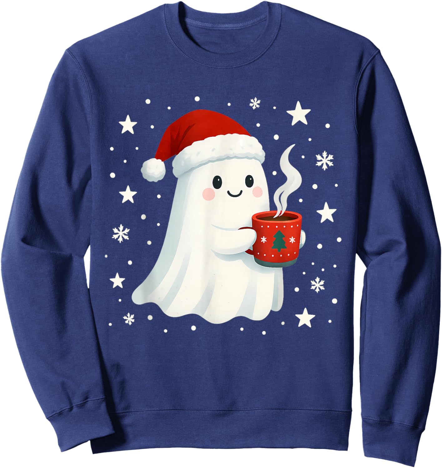 Cute Christmas Ghost with Hot Cocoa Santa Hat Winter Holiday Sweatshirt - Sweatshirt | Navy