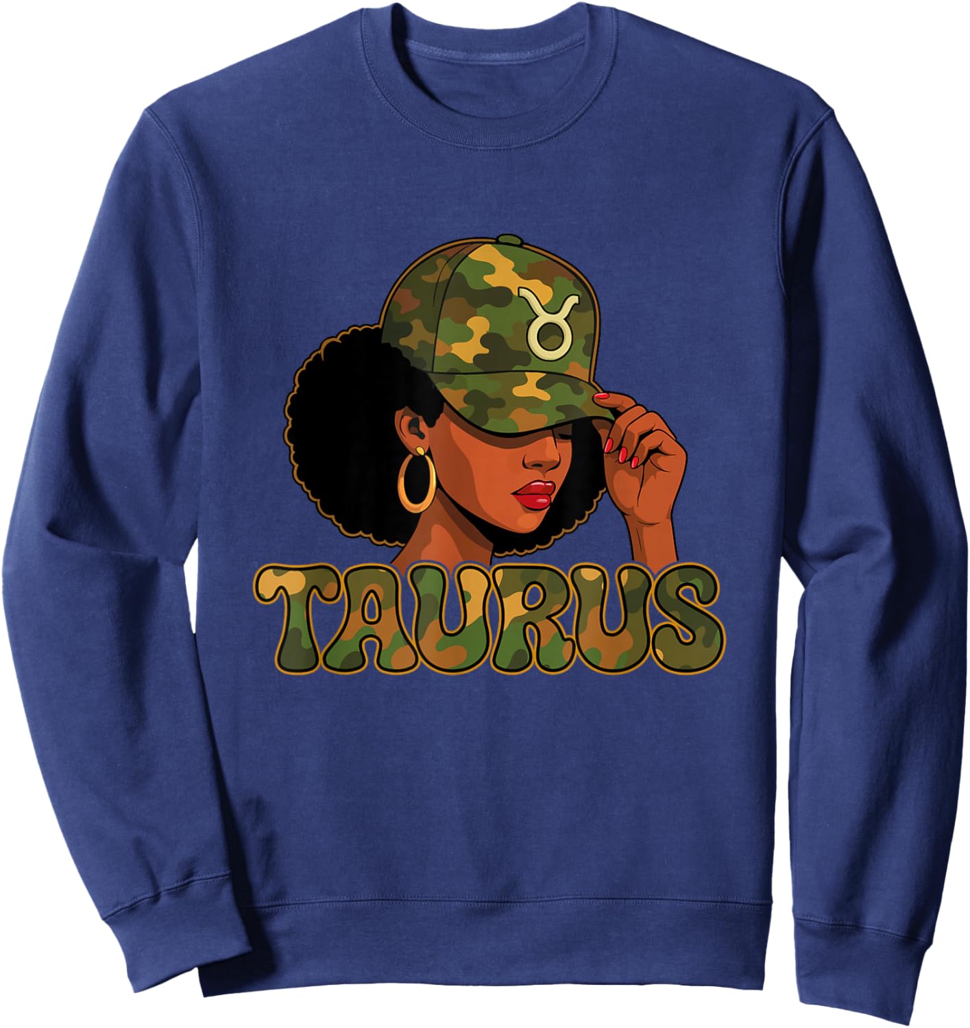 Taurus Queen Taurus Zodiac Sign Camo Afro Girl Sweatshirt - Sweatshirt | Navy